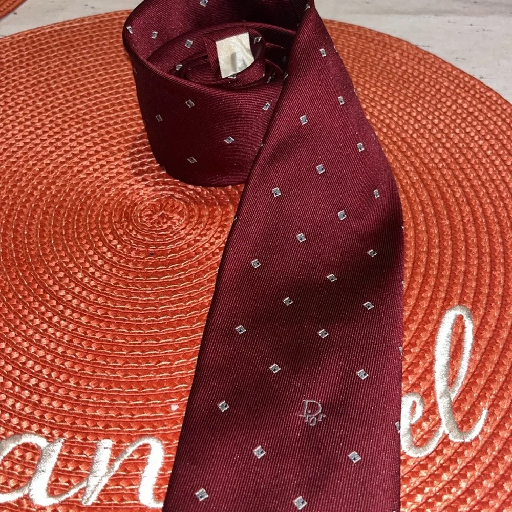 Vintage Christian Dior Silk Blend Necktie Red, Gold & Blue Diamond Polka Dot EUC